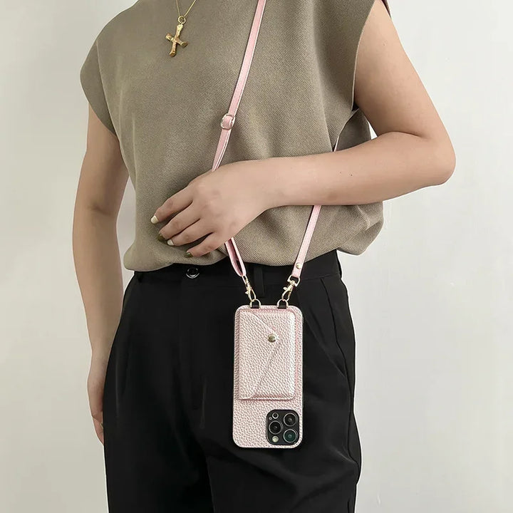 Crossbody leather phone case with wallet and card holder for iPhone 11-16 Pro Max, featuring an adjustable strap and plain design