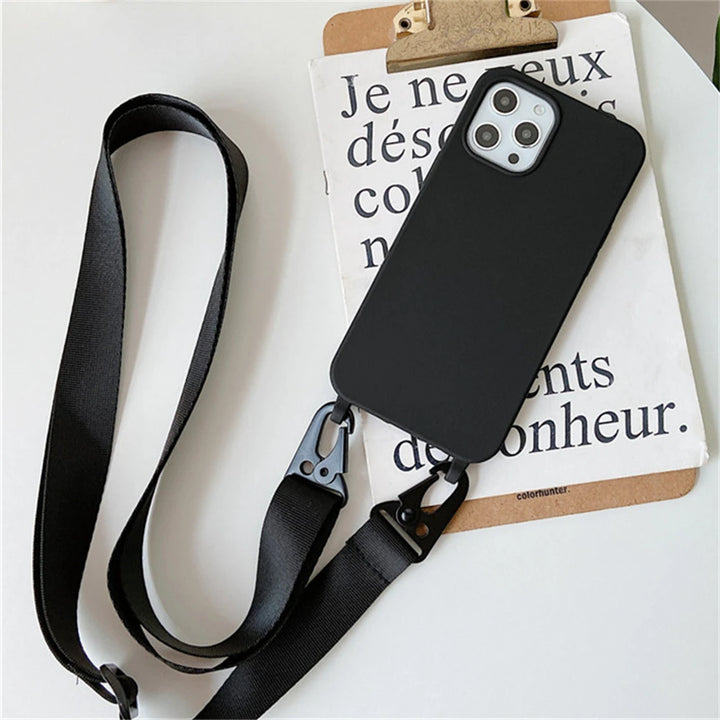 Crossbody Necklace Strap Lanyard Matte Silicone Case For iPhone 16 15 14 Pro Max 11 12 13 XR X XS 6 7 8 Plus SE Shockproof Cover