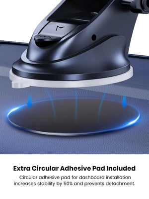 Car dashboard cleaning tool with circular adhesive pad on a blue surface