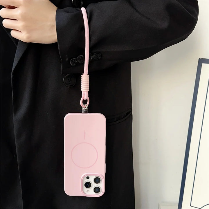 Candy Color Liquid Silicone MagSafe iPhone Case with Lanyard – Shockproof Magnetic Strap Cover for iPhone 11–16 Pro Max