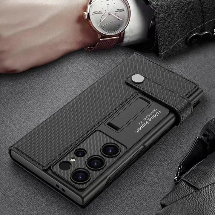 Leather Flip Wallet Phone Case with Card Holder and Kickstand for Samsung Galaxy S25 Ultra in Carbon Fibre Design