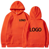 Orange hoodie with 'LOGO' printed on front and back against a white background