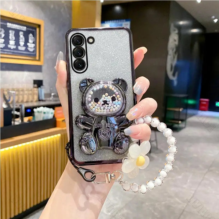 Flower Strap Bear Phone Holder Case for Samsung S23 S24 S21 S22 S20 Ultra Note 10 20