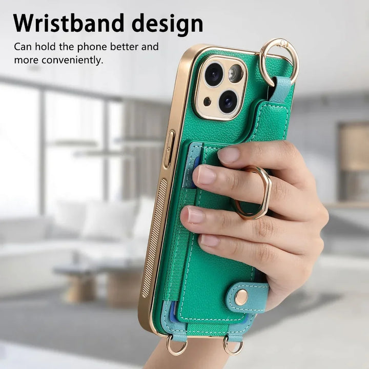 iPhone 15/14 Plus/13/12/11 Pro Max Plating Phone Case with Wrist Strap and Long Lanyard, Short Hand Rope PU Leather Cover