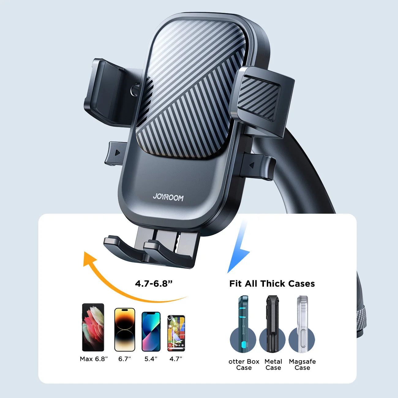 Car phone holder with compatibility features on a light blue background