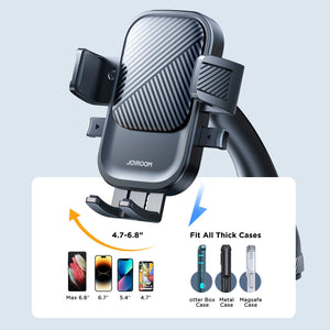 Car phone holder with compatibility features on a light blue background