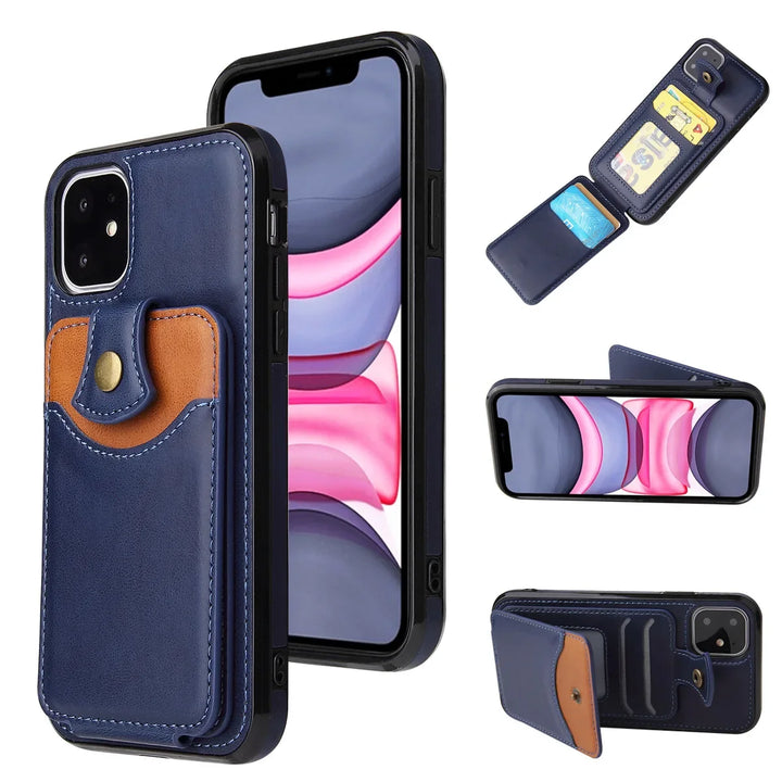 Luxury PU Leather Wallet Case for iPhone 15–SE – Card Holder with Sleek Design – Black, Brown, Red, Gray, Blue