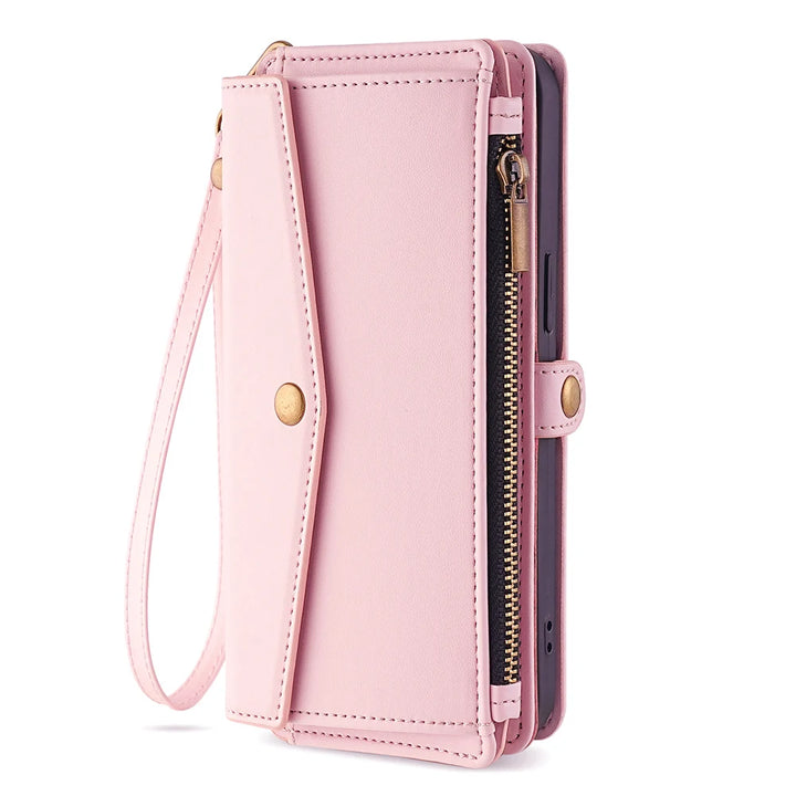 Wallet Flip Stand Leather Case with Crossbody Strap and Card Slots for iPhone 6-15 Pro Max