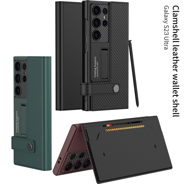 Leather Flip Wallet Phone Case with Card Holder and Kickstand for Samsung Galaxy S25 Ultra in Carbon Fibre Design