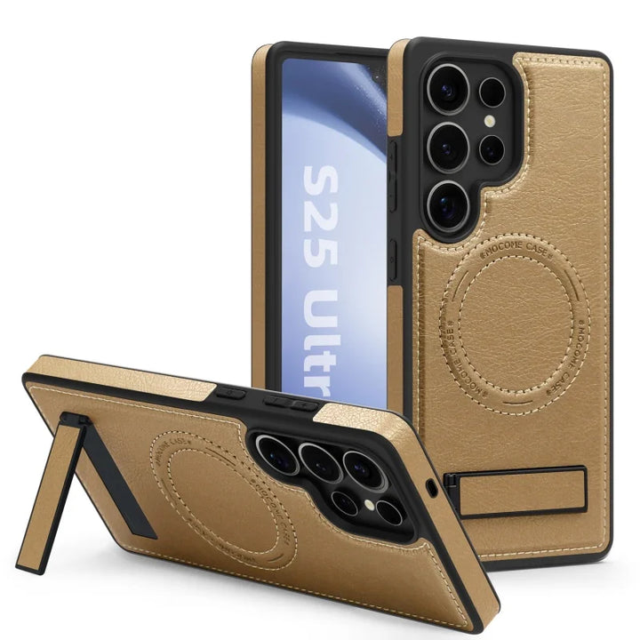 Luxury leather stand case for Samsung Galaxy S23, S24, S25 Ultra, offering premium protection and style.