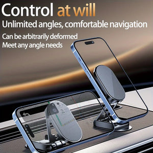 Phone holder on a car dashboard with text 'Control at will' and 'Unlimited angles, comfortable navigation'.