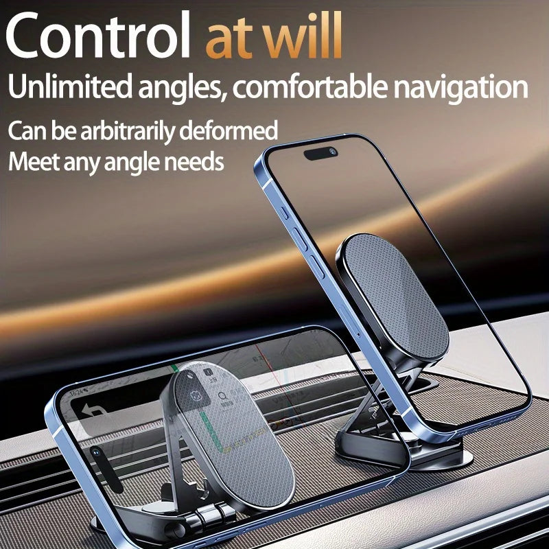 Phone holder on a car dashboard with text 'Control at will' and 'Unlimited angles, comfortable navigation'.