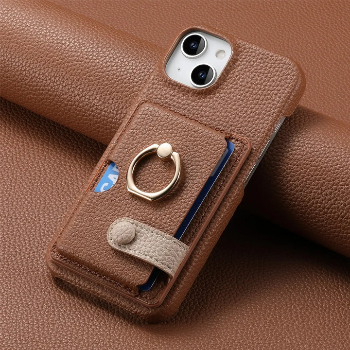 Luxury Leather Ring Wallet Case for iPhone 11/12/13/14/15/16 Pro Max with Ring Holder and Shockproof Design