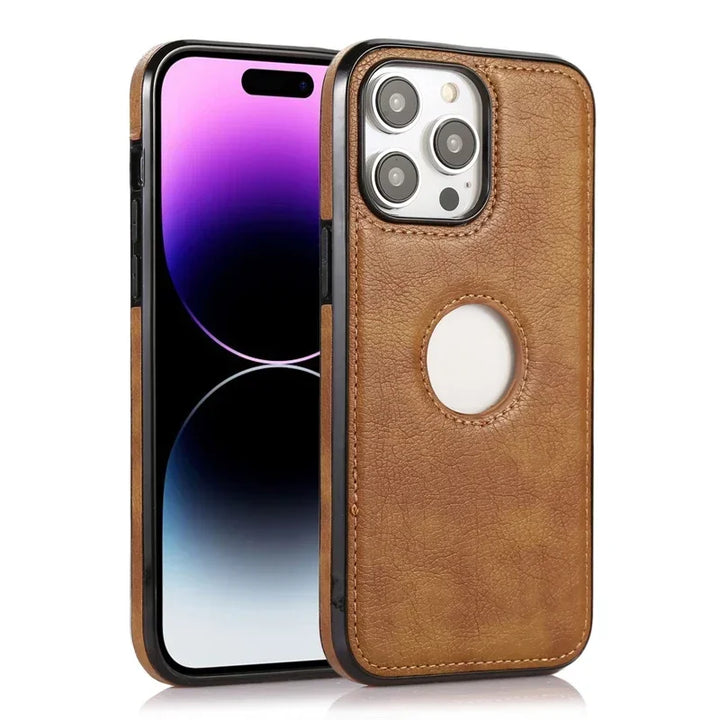 Classic Leather Case for iPhone 15/14/13/12/11/16 Pro Max with Logo View and Shockproof Design