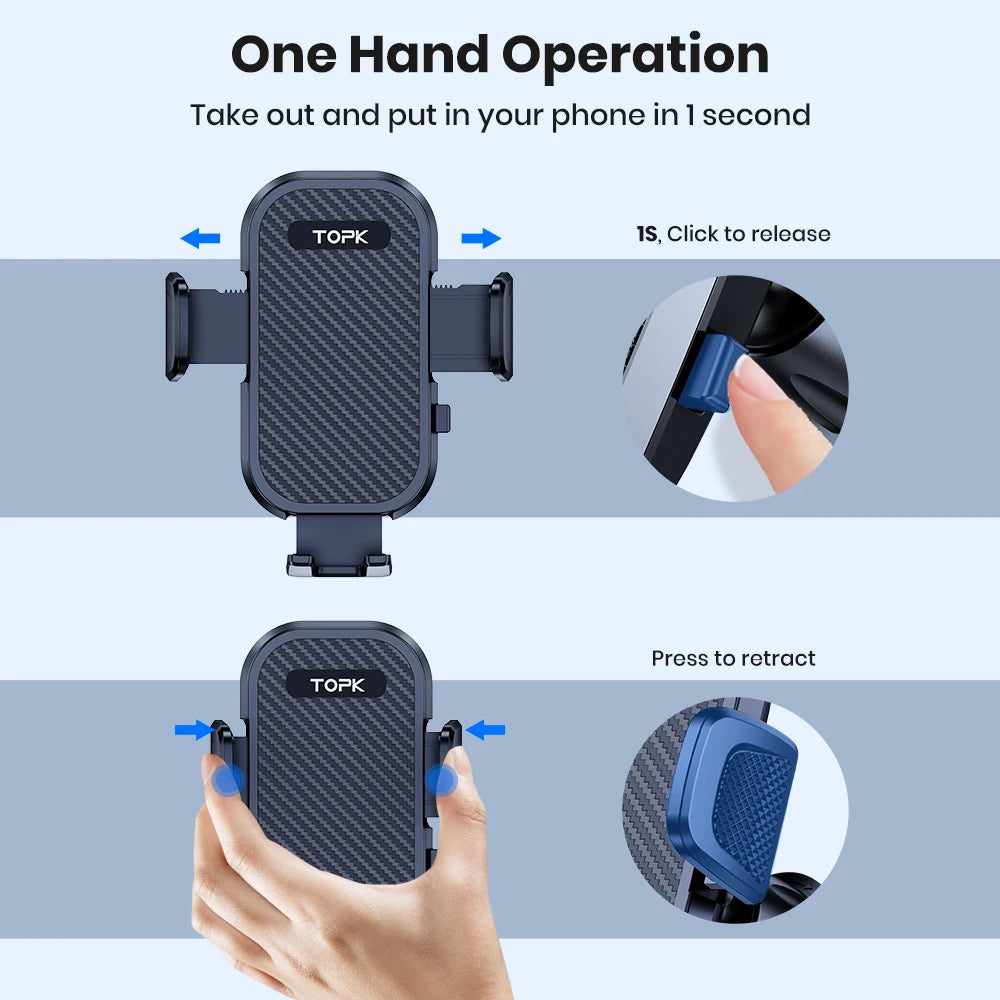 Topk phone holder with one hand operation features on a blue background