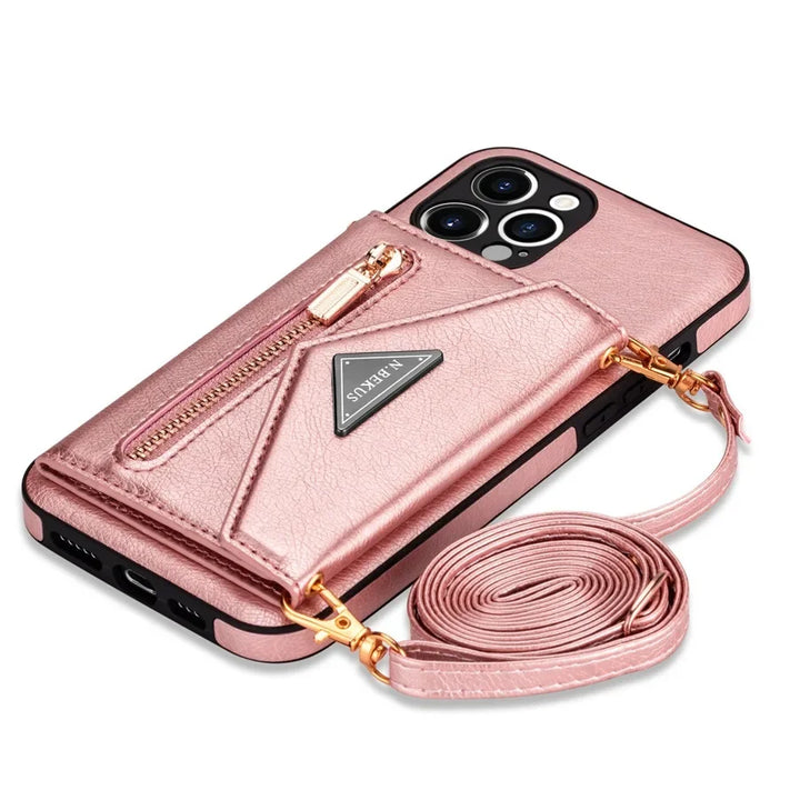 Zipper wallet crossbody phone case with card holder and detachable lanyard for iPhone models.