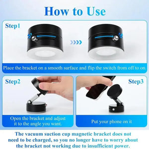 Instructions on how to use a vacuum suction cup magnetic bracket with text and images.