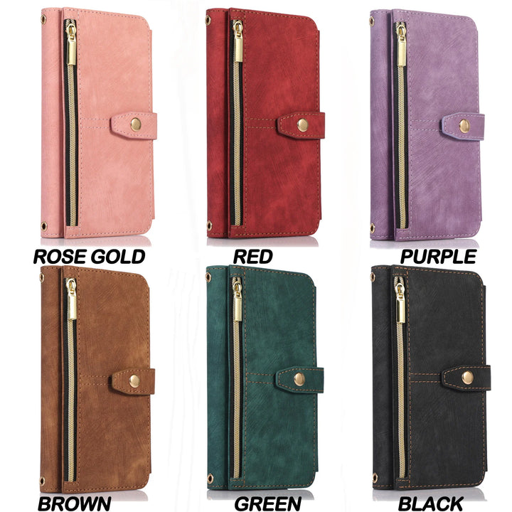 Crossbody wallet case for Samsung Galaxy with card holder, lanyard, and kickstand for hands-free use.