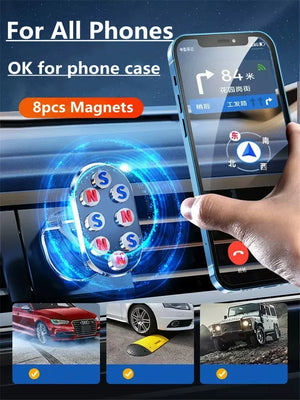 Phone case with magnets for car vent, showing a hand holding a phone.