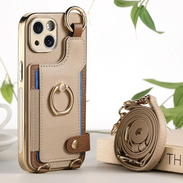 iPhone 16/15/14 Plus/13/12/11 Pro Max Plating Case with Wrist Strap & Lanyard