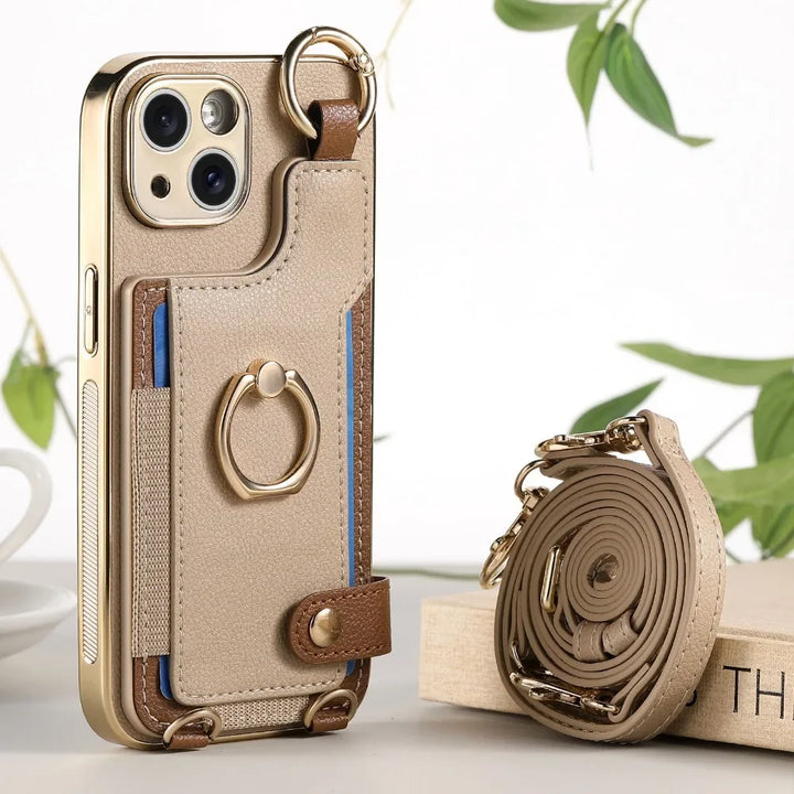 iPhone 16/15/14 Plus/13/12/11 Pro Max Plating Case with Wrist Strap & Lanyard