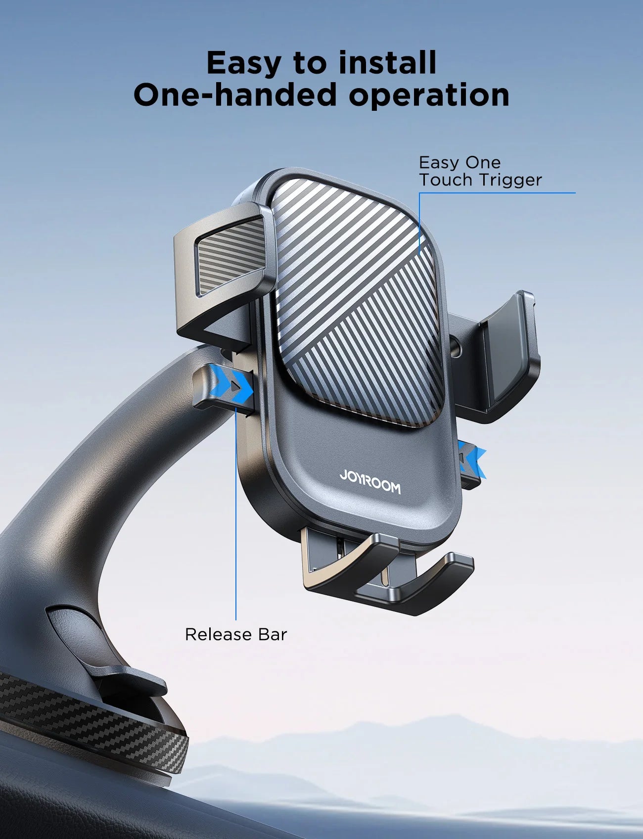 Car phone holder with features labeled on a light blue background