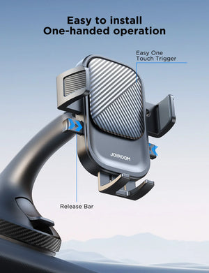 Car phone holder with features labeled on a light blue background