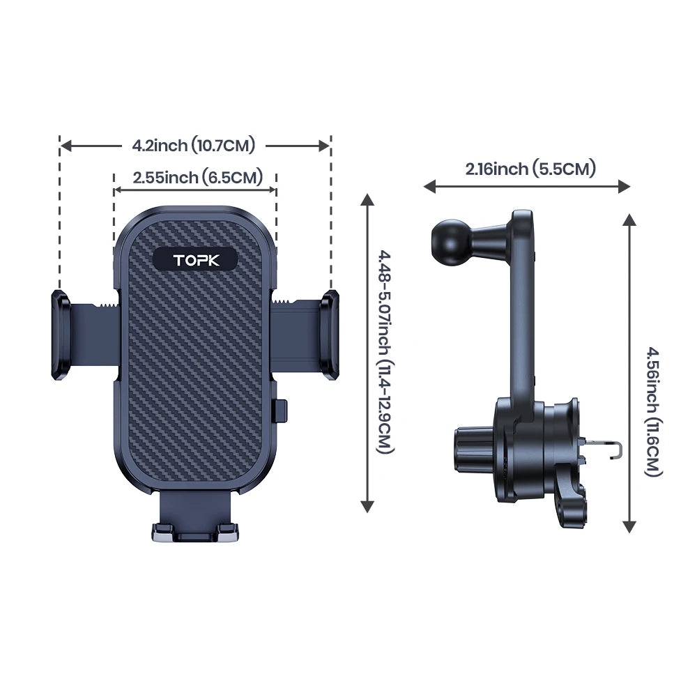 Dimensions of a phone holder with TOPK branding on a white background