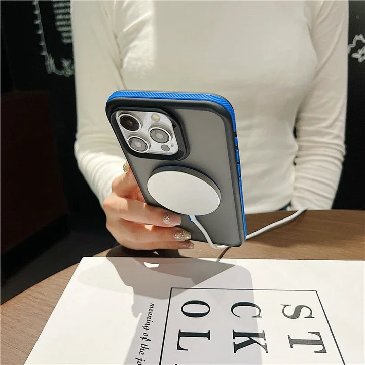 Luxury MagSafe Matte Bicolor Frame iPhone Case – Full-Coverage Shockproof Magnetic Cover for iPhone 11–16 Pro Max