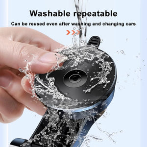 Car wash brush with water splashes and text indicating washable and repeatable use.