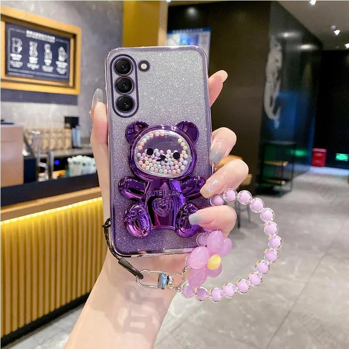 Flower Strap Bear Phone Holder Case for Samsung S23 S24 S21 S22 S20 Ultra Note 10 20