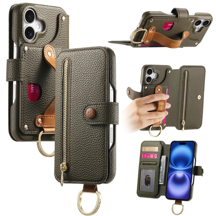Litchi pattern flip leather phone case with a wrist strap, card holder, and wallet design for iPhone 16, 15, and 14 Pro Max.