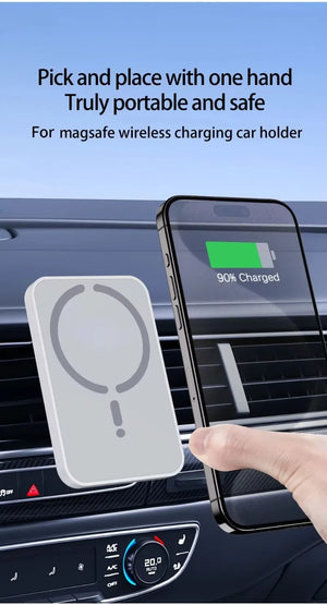 Magsafe wireless charging car holder with phone on a car dashboard
