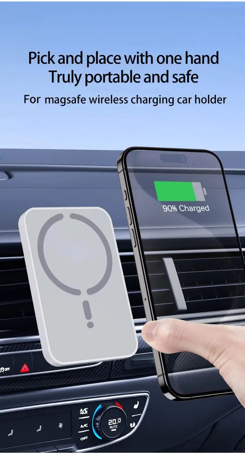 Magsafe wireless charging car holder with phone on a car dashboard
