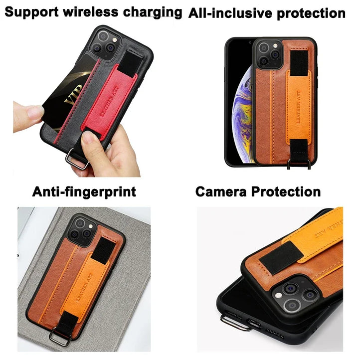 PU leather iPhone case with card holder, wristband, and detachable lanyard.