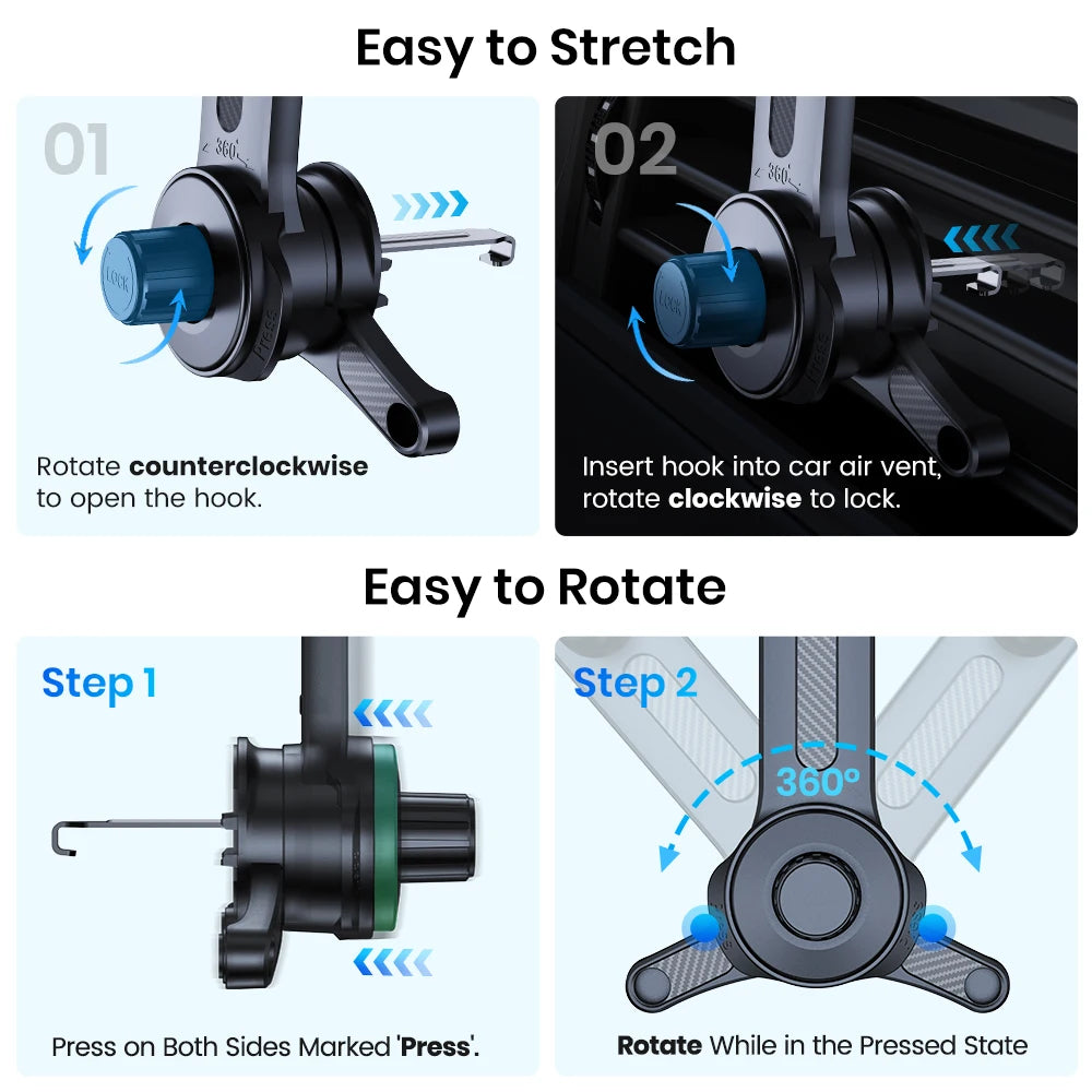 Instructions for using a car air vent mount with text and arrows indicating steps.