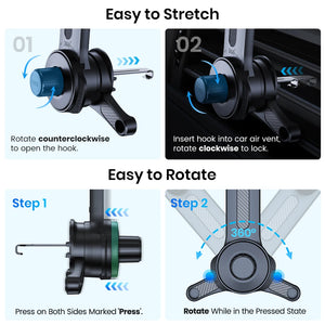 Instructions for using a car air vent mount with text and arrows indicating steps.