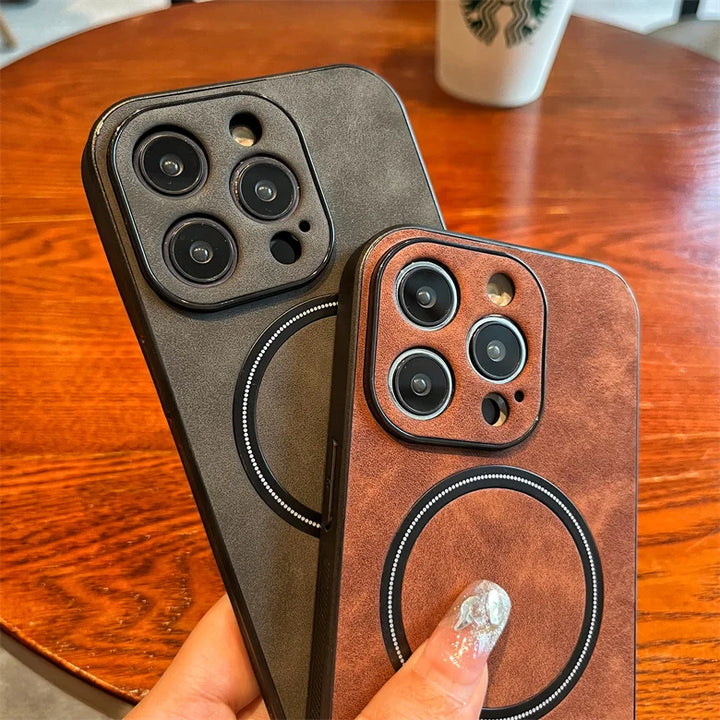Luxury Matte Leather MagSafe Case for iPhone 16 Pro Max, Shockproof & Wireless Charging Compatible