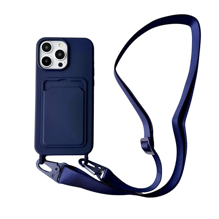 Crossbody Lanyard Necklace Rope Wallet Silicone Case For iPhone 16 15 Plus 14 13 12 11 Pro Max Slot Card Holder Plain Back Cover