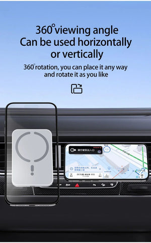 Phone mount with 360-degree viewing angle feature on a car dashboard.