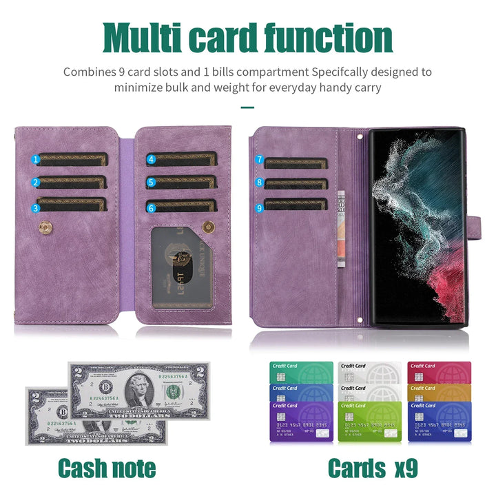 Crossbody wallet case for Samsung Galaxy with card holder, lanyard, and kickstand for hands-free use.