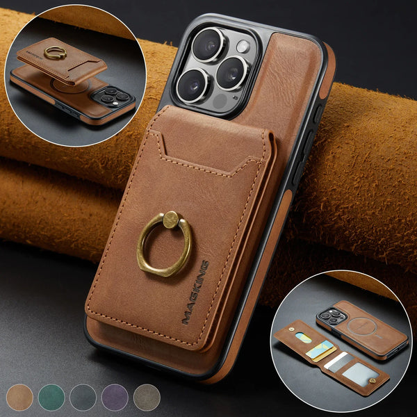 Leather Card Slot Ring Magnetic Wallet Case for iPhone 16 15 Pro Max 14 Plus 13 12