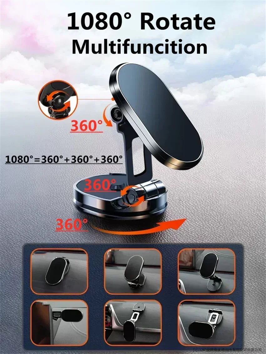 Multifunctional phone holder with 1080-degree rotation capabilities on a car dashboard.