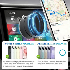 Phone holder with smartphone displaying map app, featuring text on phone model compatibility.