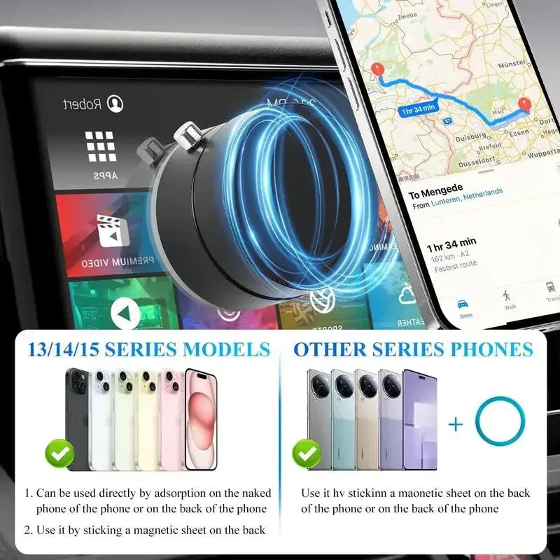 Phone holder with smartphone displaying map app, featuring text on phone model compatibility.