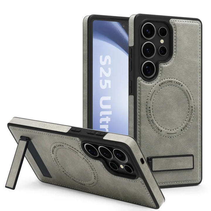 Luxury leather stand case for Samsung Galaxy S23, S24, S25 Ultra, offering premium protection and style.