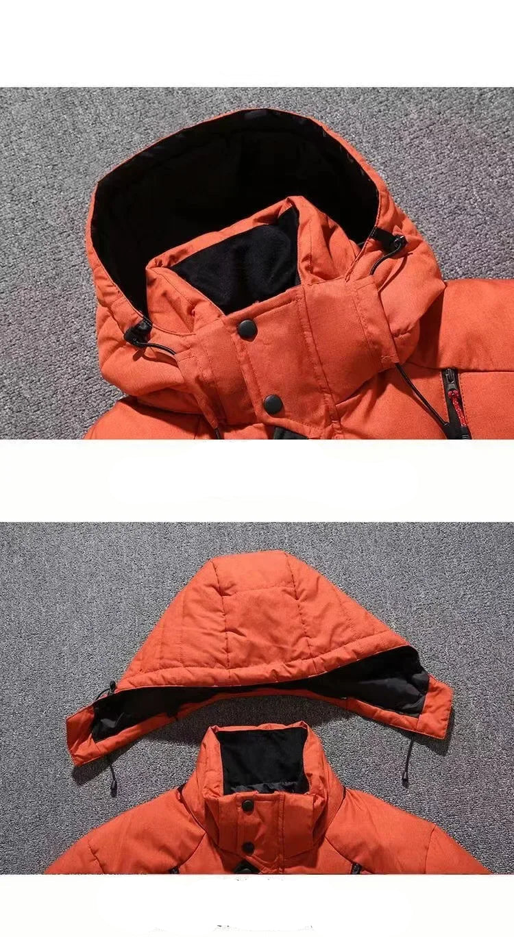 Orange winter coat with a detachable hood on a gray background