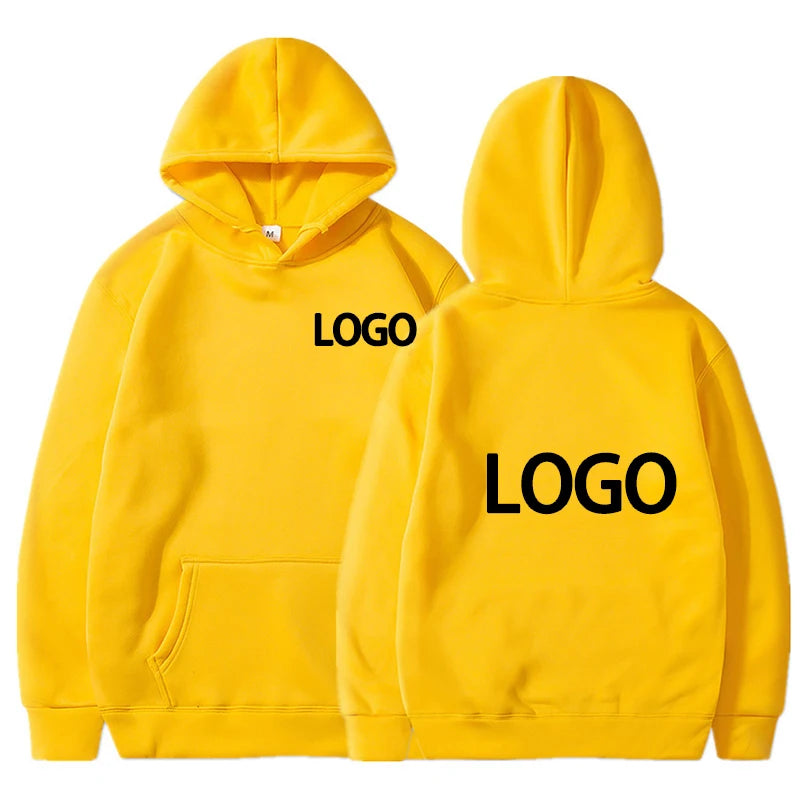 Yellow hoodie with 'LOGO' printed on front and back against a white background