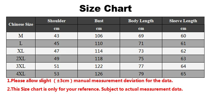 Size chart for clothing measurements in Chinese sizes