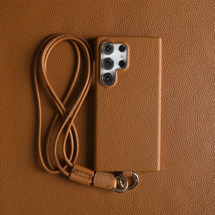 Luxury Cowhide Leather Crossbody Lanyard Case for Samsung S24, S23, S22, S21, and S20FE, Stylish and Durable Design
